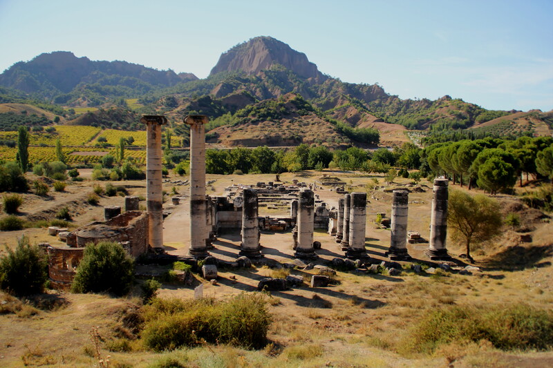 Sardis Cybele Temple with necropolis in background.